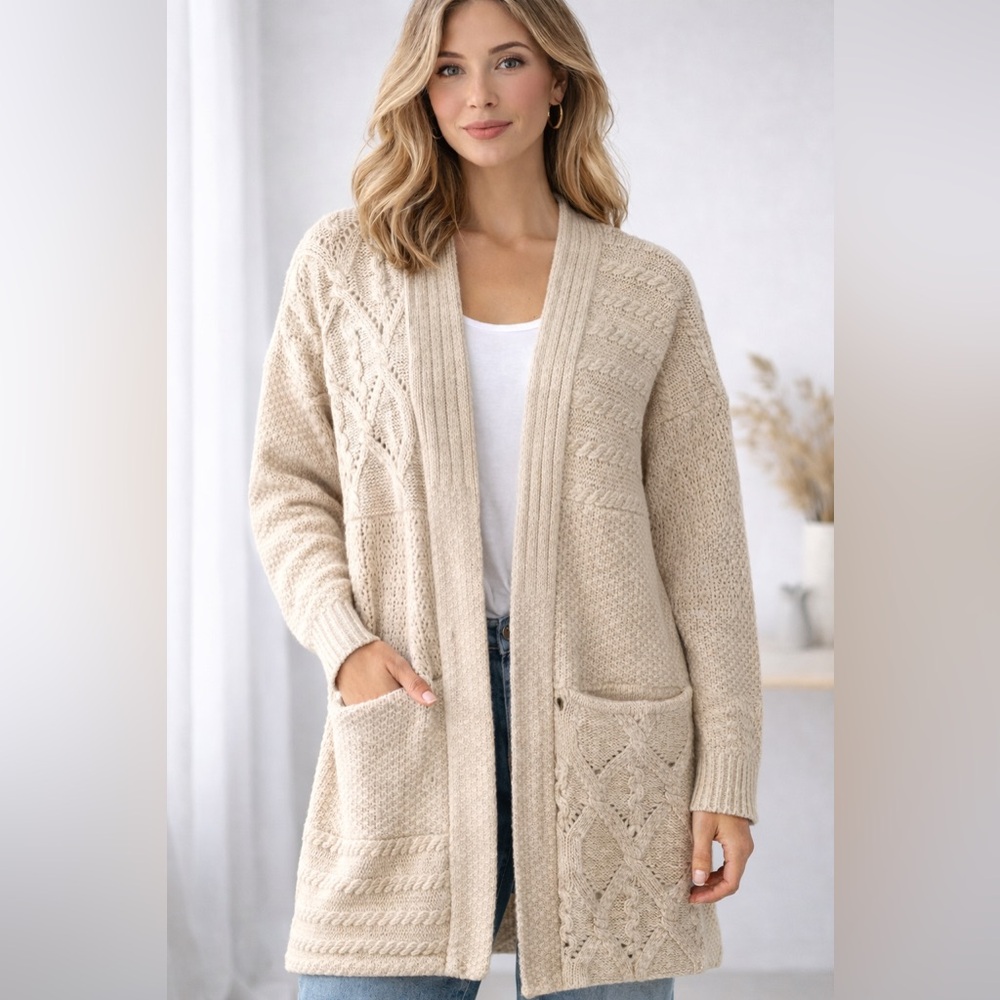 Garnet Hill 100% Merino Wool Long Open Cardigan Size M Beige